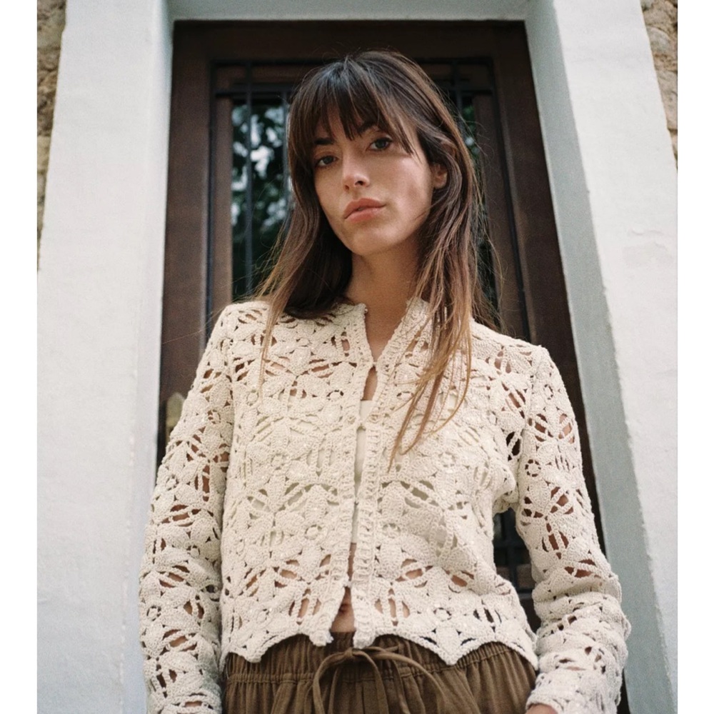 NEW 2025 Zara SEQUIN Macrame Cream Crochet Jacket - Picture 3 of 7